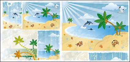 Eps Format, With JPG Preview, The Crucial Words: Sea, Sand, Coconut Trees, Clouds, Dolphins, Sea ...