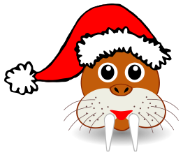 Funny walrus face with Santa Claus hat