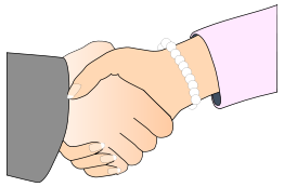 Handshake with Black Outline (white man and woman, freshwater pearl bracelet)