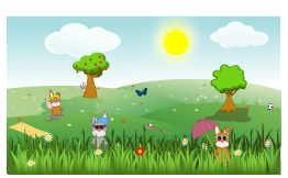 Summer green and sunny landscape with bunnies, trees, flowers, butterfly, apples, sports, ...