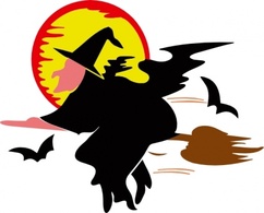 Bat Moon People Cartoon Broom Fly Flying Over Lakeside Witch Harvest Broomstick Witches