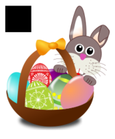 Funny bunny face with Easter eggs in a basket