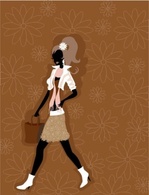 Walking young woman silhouette on the funky floral background.