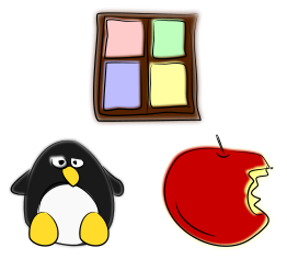 Window, penguin and apple