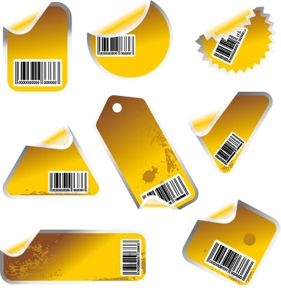 Yellow tag and sticker set with bar codes